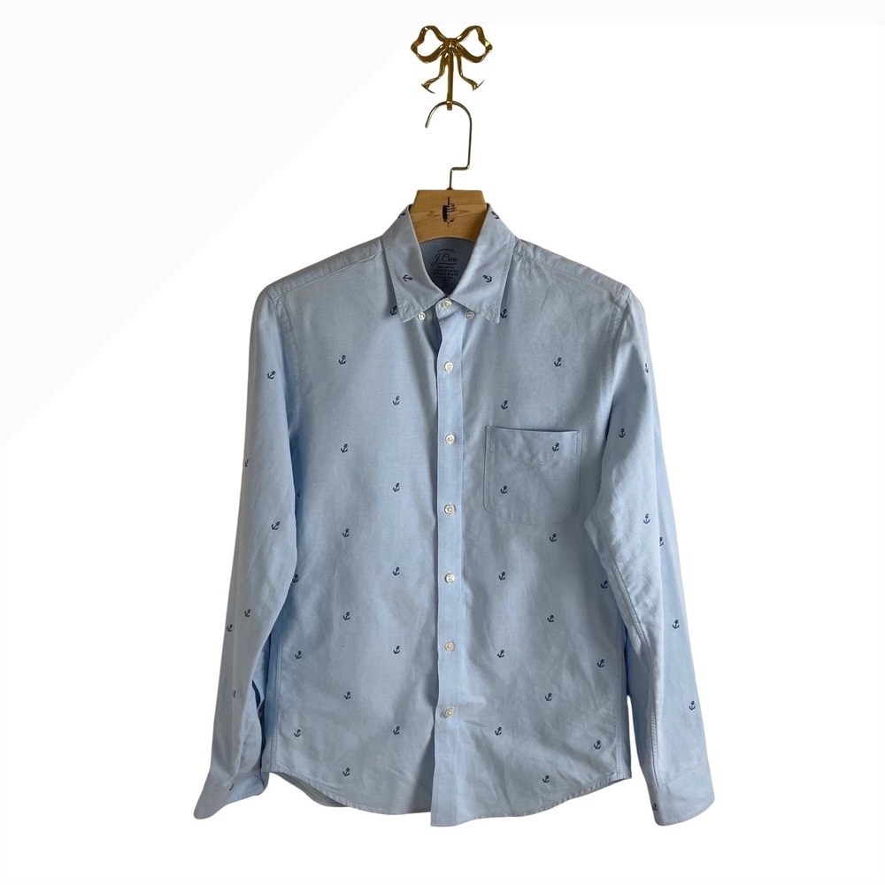 J. Crew Mens Slim Lightweight Oxford Cloth Shirt Blue Anchor Embroidered Small